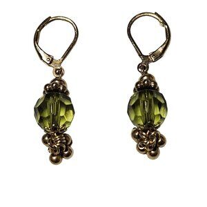 Retro 70s Handmade Dangle Earrings Gold Green Beaded Boho Fashion Jewelry Women